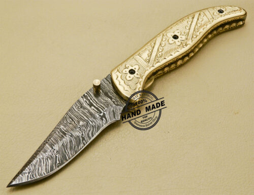 Custom Handmade Engraving Damascus Folding Knife With Leather Sheaths 878 - Image 3