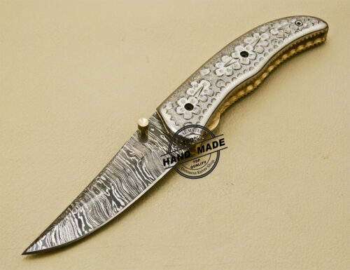 Custom Handmade Engraving Damascus Folding Knife With Leather Sheaths 879 - Image 3