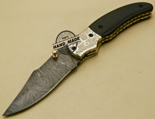 Damascus Folding Knife Custom Handmade Damascus Steel Pocket Knife with Copper Hand Engraved Mictra Handle 873 - Image 3