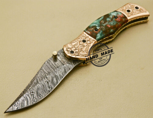 New Damascus Folding Knife Custom Handmade Damascus Steel With Copper Brass Hand Engraved Handle 882 - Image 3