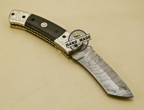 Damascus Folding Knife Custom Handmade Damascus Steel Pocket Knife With Copper Brass and Mictra Handle 875 - Image 4