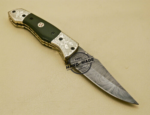 Damascus Folding Knife Custom Handmade Damascus Steel Hunting Knife With Copper Hand Engraved Mictra Handle 876 - Image 4