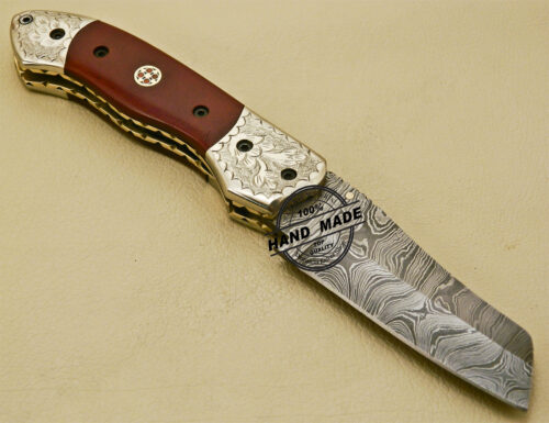Damascus Folding Knife Custom Handmade Damascus Steel With Copper Hand Engraved Mictra Handle 877 - Image 4