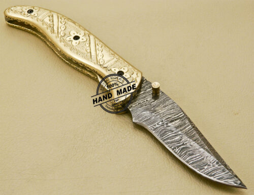 Custom Handmade Engraving Damascus Folding Knife With Leather Sheaths 878 - Image 4