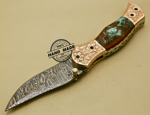 New Damascus Folding Knife Custom Handmade Damascus Steel With Copper Brass Hand Engraved Handle 882 - Image 4