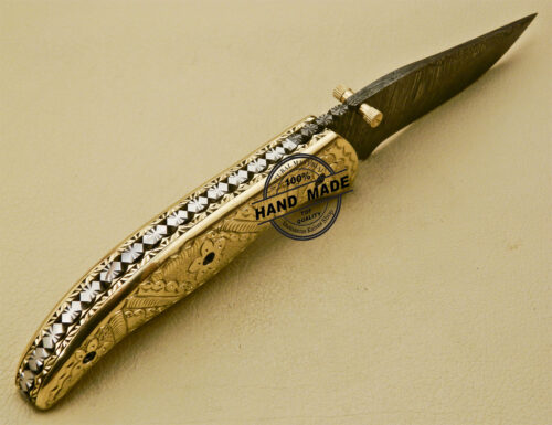 Custom Handmade Engraving Damascus Folding Knife With Leather Sheaths 878 - Image 5