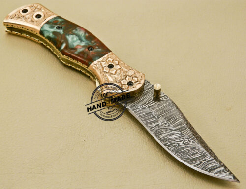 New Damascus Folding Knife Custom Handmade Damascus Steel With Copper Brass Hand Engraved Handle 882 - Image 5