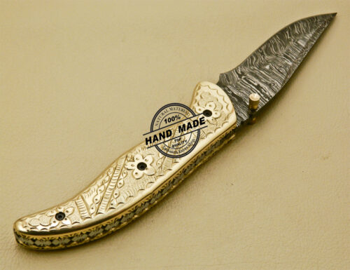 Custom Handmade Engraving Damascus Folding Knife With Leather Sheaths 878 - Image 6