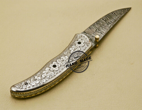 Custom Handmade Engraving Damascus Folding Knife With Leather Sheaths 879 - Image 6