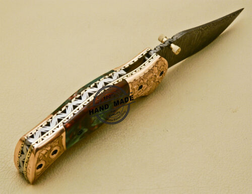 New Damascus Folding Knife Custom Handmade Damascus Steel With Copper Brass Hand Engraved Handle 882 - Image 6