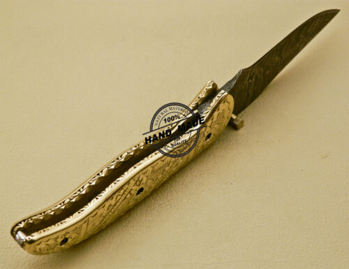 Custom Handmade Engraving Damascus Folding Knife With Leather Sheaths 878 - Image 7