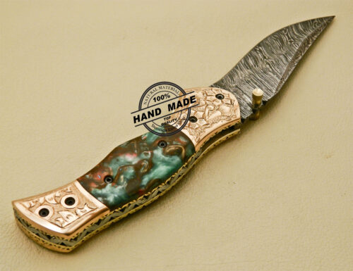 New Damascus Folding Knife Custom Handmade Damascus Steel With Copper Brass Hand Engraved Handle 882 - Image 7
