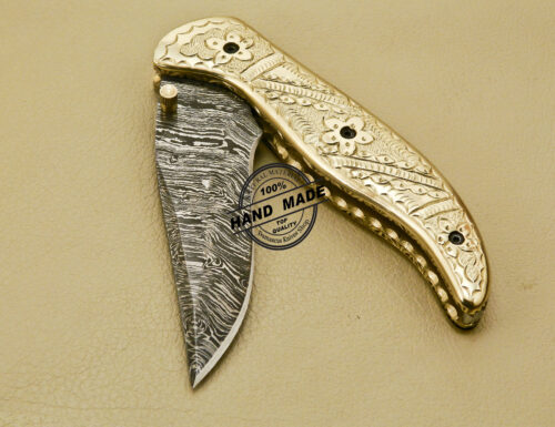 Custom Handmade Engraving Damascus Folding Knife With Leather Sheaths 878 - Image 8