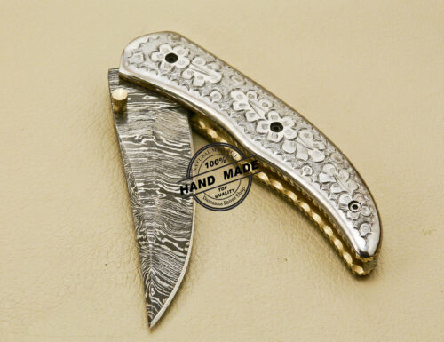 Custom Handmade Engraving Damascus Folding Knife With Leather Sheaths 879 - Image 8