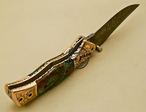 New Damascus Folding Knife Custom Handmade Damascus Steel With Copper Brass Hand Engraved Handle 882 - Image 8