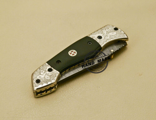 Damascus Folding Knife Custom Handmade Damascus Steel Hunting Knife With Copper Hand Engraved Mictra Handle 876 - Image 9