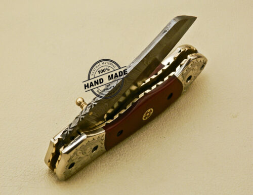 Damascus Folding Knife Custom Handmade Damascus Steel With Copper Hand Engraved Mictra Handle 877 - Image 9