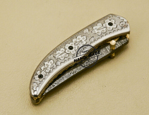 Custom Handmade Engraving Damascus Folding Knife With Leather Sheaths 879 - Image 9
