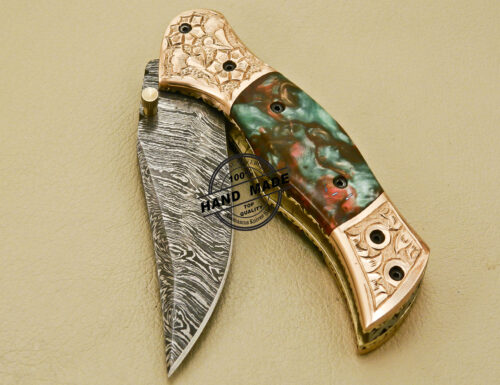 New Damascus Folding Knife Custom Handmade Damascus Steel With Copper Brass Hand Engraved Handle 882 - Image 9
