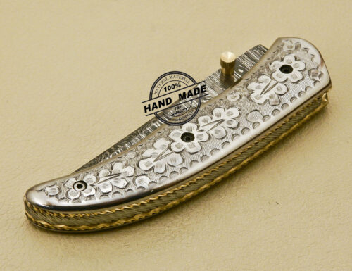 Custom Handmade Engraving Damascus Folding Knife With Leather Sheaths 879 - Image 10