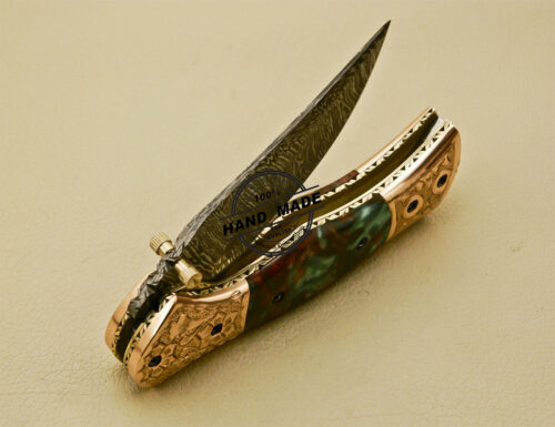New Damascus Folding Knife Custom Handmade Damascus Steel With Copper Brass Hand Engraved Handle 882 - Image 10