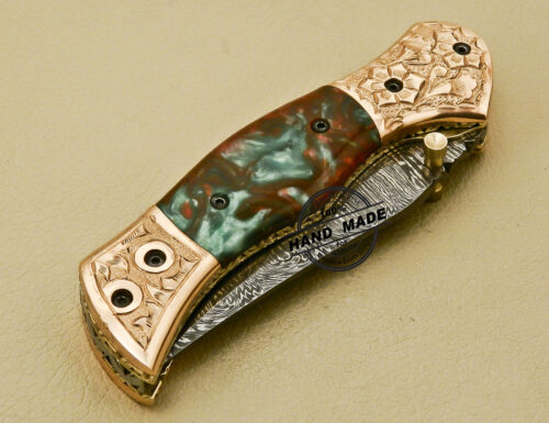 New Damascus Folding Knife Custom Handmade Damascus Steel With Copper Brass Hand Engraved Handle 882 - Image 11