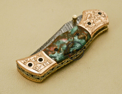 New Damascus Folding Knife Custom Handmade Damascus Steel With Copper Brass Hand Engraved Handle 882 - Image 12