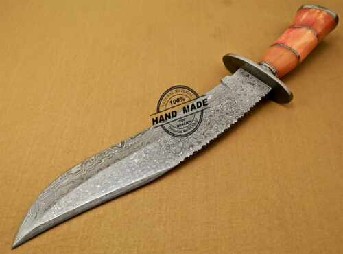 Damascus Bowie Knife Custom Handmade Damascus Steel Hunting Bowie Knife With Colored Bone Handle 837 - Image 4