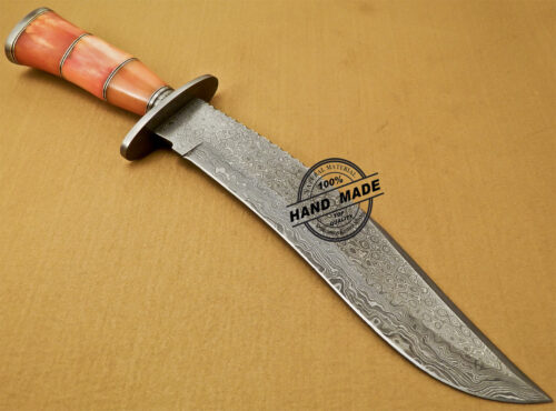 Damascus Bowie Knife Custom Handmade Damascus Steel Hunting Bowie Knife With Colored Bone Handle 837 - Image 5
