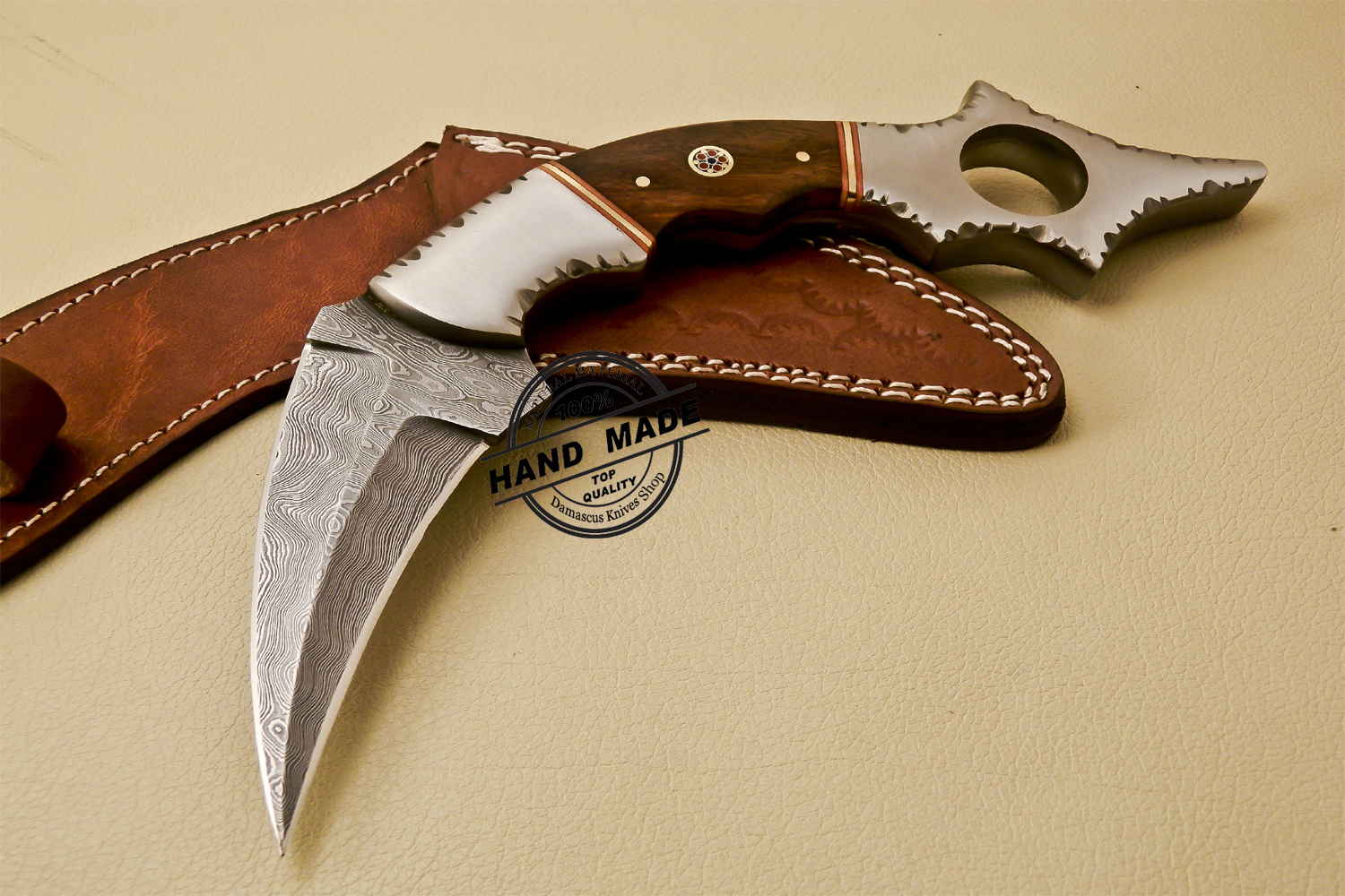9 inches Handmade full damascus karambit comes with leather sheath 