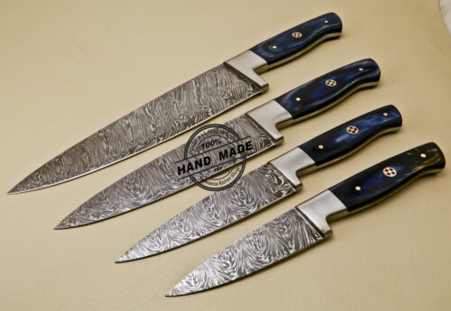 Lot Of 4 PCs Damascus Kitchen Knives Custom Handmade Damascus Kitchen Knives With Multi Colored Wood Handle 825 - Image 3