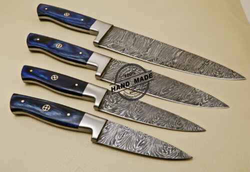 Lot Of 4 PCs Damascus Kitchen Knives Custom Handmade Damascus Kitchen Knives With Multi Colored Wood Handle 825 - Image 4
