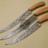 Lot Of 3 PCs Damascus Kitchen Knives Custom Handmade Damascus Kitchen Knives With Cow Wood Handle 826 - Image 3