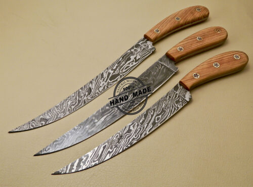 Lot Of 3 PCs Damascus Kitchen Knives Custom Handmade Damascus Kitchen Knives With Cow Wood Handle 826 - Image 3