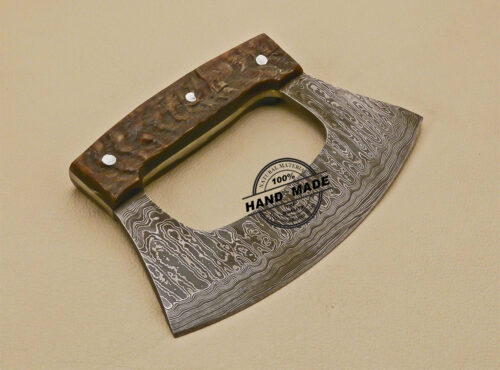 Damascus ULU Kitchen Knife Custom Handmade Kitchen Damascus Ulu Knife With Ram Horn Handle 828 - Image 4