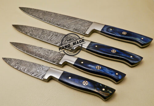 Lot Of 4 PCs Damascus Kitchen Knives Custom Handmade Damascus Kitchen Knives With Multi Colored Wood Handle 825 - Image 5