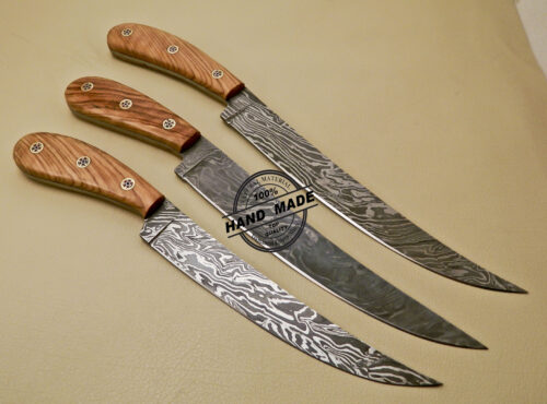 Lot Of 3 PCs Damascus Kitchen Knives Custom Handmade Damascus Kitchen Knives With Cow Wood Handle 826 - Image 4