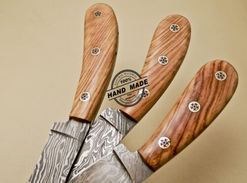 Lot Of 3 PCs Damascus Kitchen Knives Custom Handmade Damascus Kitchen Knives With Cow Wood Handle 826 - Image 6