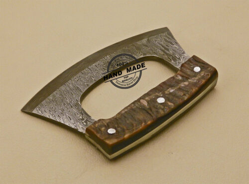 Damascus ULU Kitchen Knife Custom Handmade Kitchen Damascus Ulu Knife With Ram Horn Handle 828 - Image 5