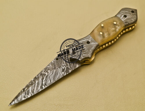Damascus Folding Knife Custom Handmade Damascus Steel Pocket Knife with Sheep Horn Handle 938 - Image 3