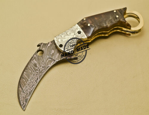Damascus Folding Karambit Knife Custom Handmade Damascus Steel Hunting Knife 936 - Image 3