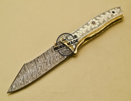 Custom Handmade Engraving Damascus Folding Liner Lock Knife With Copper Handle 944 - Image 3