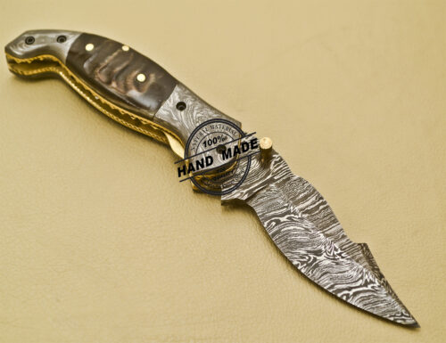 Damascus Pocket Knife Custom Handmade Damascus Steel Folding Liner Lock Knife With Sheaths 941 - Image 4