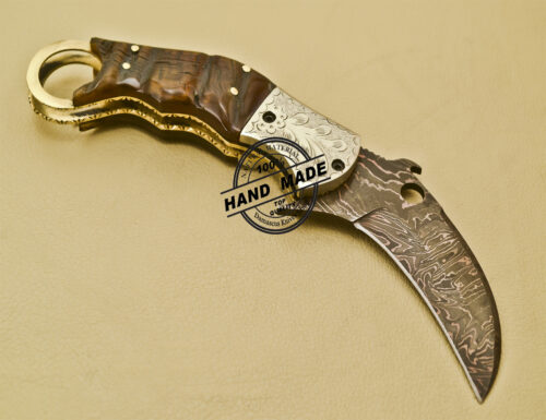Damascus Folding Karambit Knife Custom Handmade Damascus Steel Hunting Knife 936 - Image 4