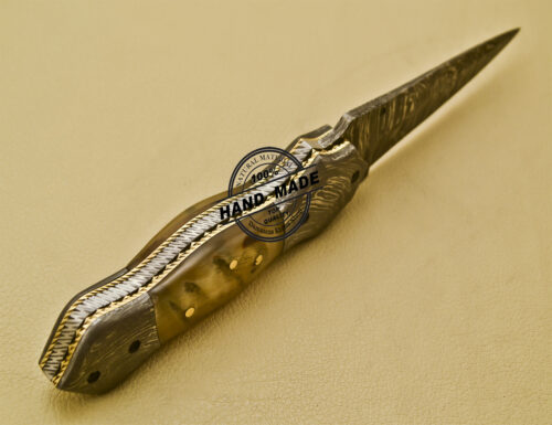 Damascus Folding Knife Custom Handmade Damascus Steel Pocket Knife with Sheep Horn Handle 938 - Image 5