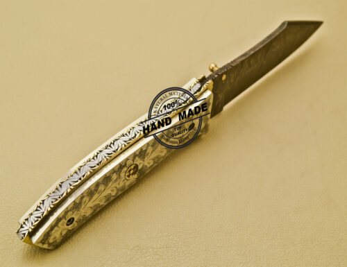 Custom Handmade Engraving Damascus Folding Liner Lock Knife With Copper Handle 944 - Image 5