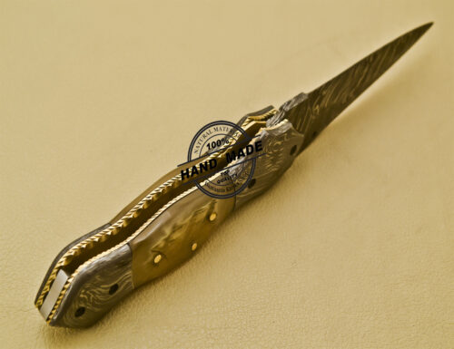 Damascus Folding Knife Custom Handmade Damascus Steel Pocket Knife with Sheep Horn Handle 938 - Image 6