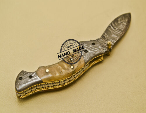 New Damascus Pocket Knife Custom Handmade Damascus Steel Folding Liner Lock Knife with Sheep Horn Handle 940 - Image 6