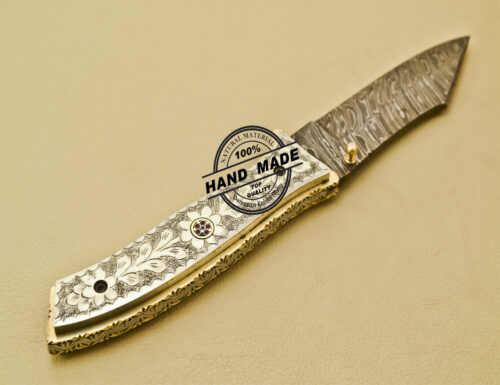 Custom Handmade Engraving Damascus Folding Liner Lock Knife With Copper Handle 944 - Image 6