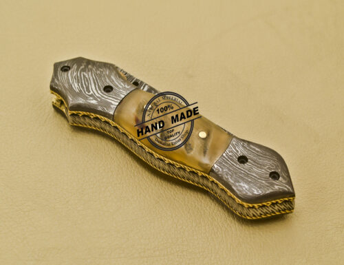 Damascus Folding Knife Custom Handmade Damascus Steel Pocket Knife with Sheep Horn Handle 938 - Image 7